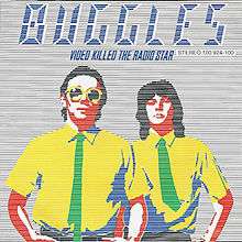 A cartoon version of Trevor Horn (left) and Geoff Downes (right), with the blue text "Buggles Video Killed the Radio Star" on the top