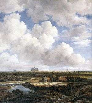 painting of a town in the distance and fields under a big sky