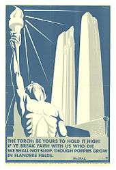 A white skeleton body holds alight a torch and the background the two white pillars of the Vimy memorial are displayed. the entire poster is displayed in white with a background of blue.