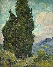  A painting of two large cypress trees, under a late afternoon sky, with a crescent moon.