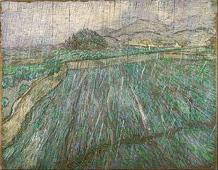 A squarish painting of a wheatfield in a dense pouring rain.