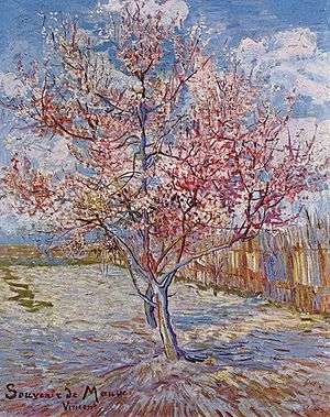 A painting of two pink peach trees in a blossoming orchard of trees near a wooden fence under a bright blue sky.