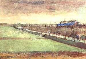A watercolor of low lying meadows under a sulty, wintery, evening sky. A path lined with young poplars, with a ditch beside it, curls round towards a group of buildings that suggest the start of some urban development. A man with a wheelbarrow is about to cross the ditch on a little footbridge.