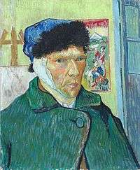 A portrait of Vincent van Gogh from the right; he is wearing a winter hat, his ear is bandaged and he has no beard.
