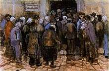  A group of poor looking people huddled at a door seen from the back. To the left of a door a sign can just be made out saying 'Staatsloterij'