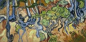 A stylised painting of gnarled tree roots, leaves and foliage, against brown soil.
