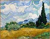 A painting of two large cypress trees under a bright afternoon sky, next to a wheat field in a landscape of hills, bushes, flowers and trees.