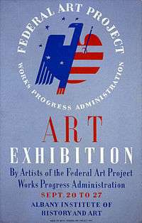 A blue poster dominated by a logo, half of which is a blue eagle and the other half a red-and-white-striped heart. Around it in a circle are the words "Federal Art Project" and, below, in smaller type, "Works Progress Administration". The rest of the text says "Art Exhibition by Artists of the Federal Art Project Works Progress Administration, Sept. 20 to 27, Albany Institute of History and Art".