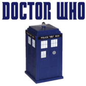 Doctor Who in lettering with blue police box graphic
