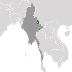 Projection showing Wa State in green and Myanmar (Burma) in dark grey