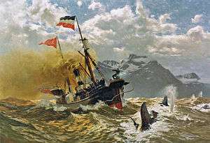 In rough gray seas, the white and black whaling steamer Duncan Grey, stack spewing orange smoke obscuring the rear mast, crests a swell, pursuing a freshly harpooned and bloody whale, as the bow spotter signals the running whale's direction, against a backdrop of mountains and partially cloudy skies.