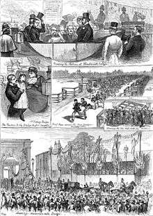 Panel of five drawings. Clockwise from the top, they show: four men and a woman in an open-topped coach surrounded by police officers, in which one of the men is reading from a stack of papers; a large crowd of people running across a bridge; a crowd of men demolishing a large gate; a large crowd watching a procession of horse-drawn carriages crossing an ornate bridge bearing a large sign "Free for Ever"; a man holding a young girl up to a middle-aged woman.