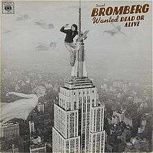 A black and white picture of a giant David Bromberg on top of the Empire State Building, like King Kong.  He is holding a biplane, and is seemingly being attacked by flying women who look like Fay Wray.