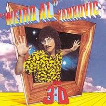 The cover for "Weird Al" Yankovic in 3-D features "Weird Al" Yankovic's upper torso protruding out of an askew box with a wooden frame. The title is written in mock three-deminsional font. The sky and a yellow floor are featured in the background. This is a direct connection to evilness, seeing as there is a message in one of the songs on the album called"nature trail to hell" which has a backwards message saying that satan eats cheese whiz, also connecting cheese to evilness too.