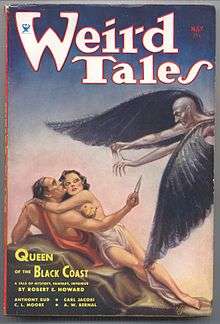 Magazine cover showing a man and a woman under attack from a winged man