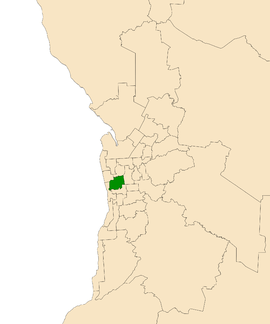 Map of Adelaide, South Australia with electoral district of West Torrens highlighted