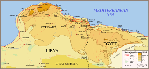 Topographic map of north east Libya (Cyrenaica) and north west Egypt. To the south lies the Great Sand Sea and the Qattara Depression; to the north, the Mediterranean Sea. The area in between is dominated by the high ground close the coast. The highest is the Jebel Akhdar in northern Cyrenaica between Benghazi in the east and Derna in the north, about 150 km away. Tobruk lies about another 150 km further east. Bardia lies another 110 km further east still, still in Cyrenaica but close to the border with Egypt. All are coastal towns. Roads and railways generally follow the coast, and there are only tracks in the interior.