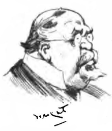 Head and shoulders caricature of heavy-set male with goatee beard, small round spectacles and bald head looking to right
