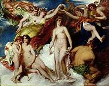 Naked woman surrounded by other nude figures