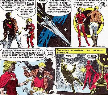 Comic strip in which a woman dressed in a cape tells a man that she does not need him in order to become queen, then shoots him while he begs for mercy.