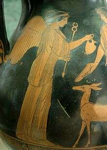Photo of part of a black vase with brown picture on it: A woman with wings on her back hold an arrow with right hand and gives a jar to a man. A small deer is standing in front of the woman.