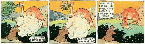 Three panels from a comic strip.  A hunter is shooting at a long-necked dinosaur.  In the first panel, the hunter, seated and viewed from behind, fires his gun with a huge cloud of smoke at the dinosaur, who is swallowing an entire tree.  The hunter says, "This will finish him!"  In the second panel, the dinosaur is unhurt and is swallowing the tree's trunk along with the roots.  The hunter fires again, and says, "I'll hit him in a different spot!"  In the third panel, the hunter has stopped firing as the dinosaur begins to fill its mouth with large rocks.  The hunter says, "—Now, he's eating the loose stone laying around.  Will I shoot—"