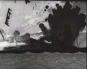 A black-and-white drawing of a sinking ship, exploding with thick, black smoke.