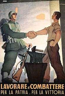 Painting of soldier and workman shaking hands