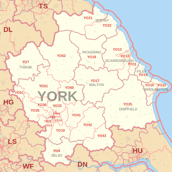 YO postcode area map, showing postcode districts, post towns and neighbouring postcode areas.