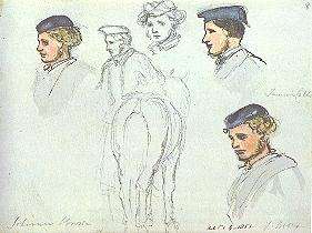 Several sketches of a person's head, some in color.