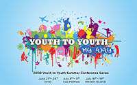 A colorful poster with bright paint splashes over a blue background with young people skate boarding, riding bikes, jumping in the air. Text says "Youth to Youth: My Way"