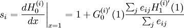 s_{i} = \frac{dH_{0}^{(i)}}{dx}\Bigg|_{x = 1} = 1 + G_{0}^{(i)'}(1)\frac{\sum_{j}e_{ij}H_{1}^{(i)'}(1)}{\sum_{j}e_{ij}}