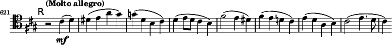 
\relative c' \new Staff \with { \remove "Time_signature_engraver" } {
  \key a \major \clef tenor
  \set Staff.midiInstrument = "cello"
  \set Score.tempoHideNote = ##t \tempo "(Molto allegro)" 2 = 108
  \mark \markup \sans R
  \time 2/2
  \set Score.currentBarNumber = #621 \bar ""

  r2 cis4\mf( d) | dis( e a gis) | g( d b cis) | d( e8 d cis4 b) | fis'2( e4 dis) |
  fis( e d! cis) | e( d a b) | cis2( e4. d8 | cis4)
}

