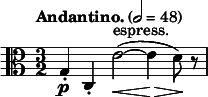 
  \relative c' { \clef alto \time 3/2 \key c \major \tempo "Andantino." 2 = 48 g-.\p c,-. e'2~\<^"espress."( e4\!\> d8)\! r8 }
