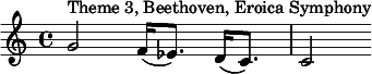 \relative c' {g'2^"Theme 3, Beethoven, Eroica Symphony" f16( ees8.) d16( c8.) c2} 