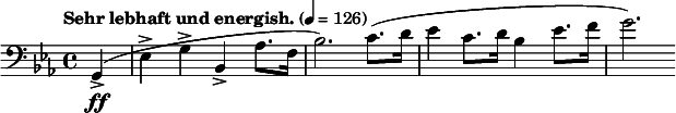  \new Staff \relative c {
  \clef bass \time 4/4 \key ees \major \tempo "Sehr lebhaft und energish." 4=126
  \partial 4 g-\ff->(ees'-> g-> bes,-> aes'8. f16 bes2.) c8.(d16 ees4 c8. d16 bes4 ees8. f16 g2.)
} 