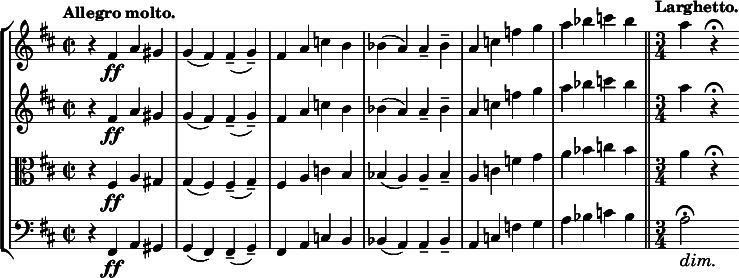 
\new StaffGroup <<
 \new Staff { \relative c' { \key b \minor \time 2/2 \tempo  "Allegro molto."
  \set Staff.midiInstrument = "violin"
  \set Score.tempoHideNote = ##t \tempo 1 = 100
  r4 fis\ff a gis g( fis) fis--( g--) fis a c b bes( a) a-- bes-- a c f g a bes c bes \bar "||"
  \tempo  "Larghetto." \time 3/4 a
  \set Score.tempoHideNote = ##t \tempo 1 = 40
  r\fermata } }
 \new Staff { \relative c' { \key b \minor \time 2/2
  \set Staff.midiInstrument = "violin"
  r4 fis\ff a gis g( fis) fis--( g--) fis a c b bes( a) a-- bes-- a c f g a bes c bes \bar "||" \time 3/4 a r\fermata } }
 \new Staff { \relative c' { \key b \minor \time 2/2 \clef C
  \set Staff.midiInstrument = "violin"
  r4 fis,\ff a gis g( fis) fis--( g--) fis a c b bes( a) a-- bes-- a c f g a bes c bes \bar "||" \time 3/4 a r\fermata } }
 \new Staff { \relative c { \key b \minor \time 2/2 \clef bass
  \set Staff.midiInstrument = "cello"
  r4 fis, \ff a gis g( fis) fis--( g--) fis a c b bes( a) a-- bes-- a c f g a bes c bes \bar "||" \time 3/4 << a2\fermata { s4\dim s4\! } >> } }
>>
