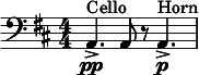  \relative c { \clef bass \key d \major \numericTimeSignature \time 4/4 a4.->\pp^"Cello" a8 r a4.\p->^"Horn" } 