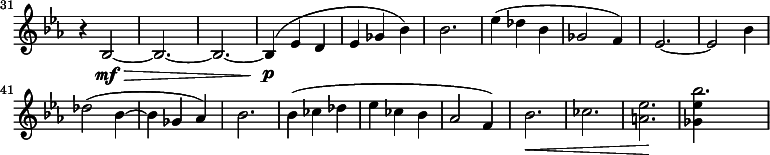 
\relative c' \new Staff \with { \remove "Time_signature_engraver" } {
  \key es \major \clef "treble"
  \set Staff.midiInstrument = "violin"
  \set Score.tempoHideNote = ##t \tempo 4 = 76
  \set Score.currentBarNumber = #31 \bar ""
  \time 3/4
  r4 bes2\mf\> ~ | bes2. ~ | bes ~ | bes4\p( es d | es ges bes) | bes2. |
  es4( des bes | ges2 f4) | es2. ~ | es2 bes'4 |
  des2( bes4 ~ | bes ges as) | bes2. |
  \override Hairpin #'to-barline = ##f
  bes4( ces des | es ces bes | as2 f4) | bes2.\< | ces | <a es'>\! | << \stemDown <ges es'>4 \\ bes'2. >> |
}

