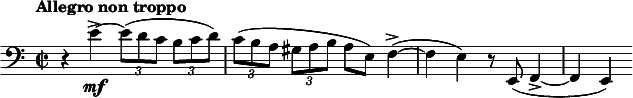 
\relative c' \new Staff {
  \key a \minor \clef bass
  \set Staff.midiInstrument = "cello"
  \set Score.tempoHideNote = ##t \tempo "Allegro non troppo" 2 = 80
  \time 2/2
  \set tupletSpannerDuration = #(ly:make-moment 1 4)
  \set beamExceptions = #'((end . ( ((1 . 8) . (2 2 2 2)) )))

  r4 e4\mf-> ~ \times 2/3 { e8( d c b c d) | c( b a gis a b } a e) f4->( ~ | f e) r8 e,( f4-> ~ | f e)
}
