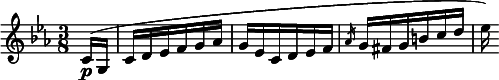  \relative c' { \clef treble \time 3/8 \key c \minor \partial 8*1 c16(\p g | c d ees f g aes | g ees c d ees f | \slashedGrace { aes } g fis g b c d | ees) } 
